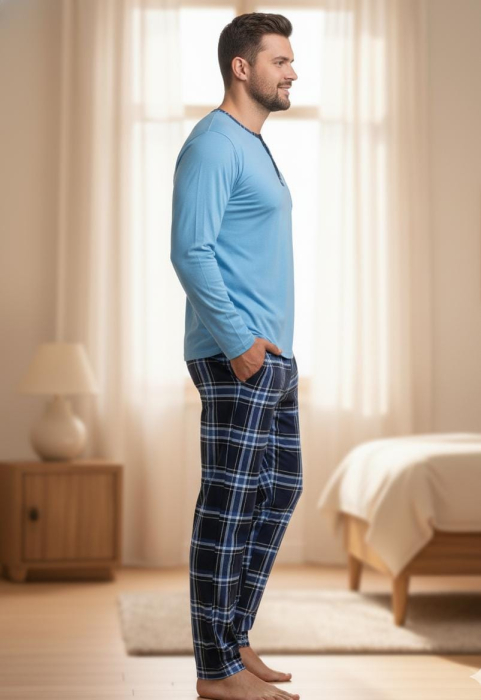 Pijama lunga bumbac fin si calitativ, buzunare la pantaloni 203 albastru [2]