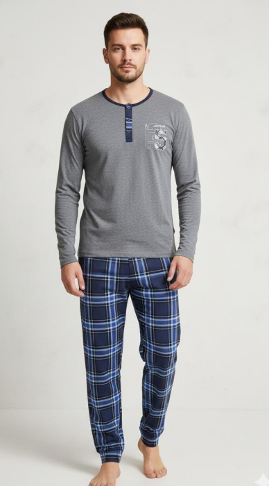Pijama lunga bumbac fin si calitativ, buzunare la pantaloni 203 gri/albastru [1]