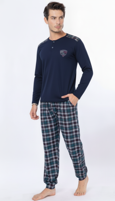 Pijama lunga bumbac fin si calitativ, buzunare la pantaloni bleumarin 207 [1]