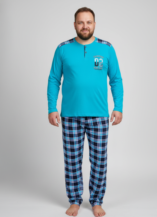 Pijama lunga bumbac fin si calitativ marime mare, buzunare la pantaloni 205 albastru carouri [3]