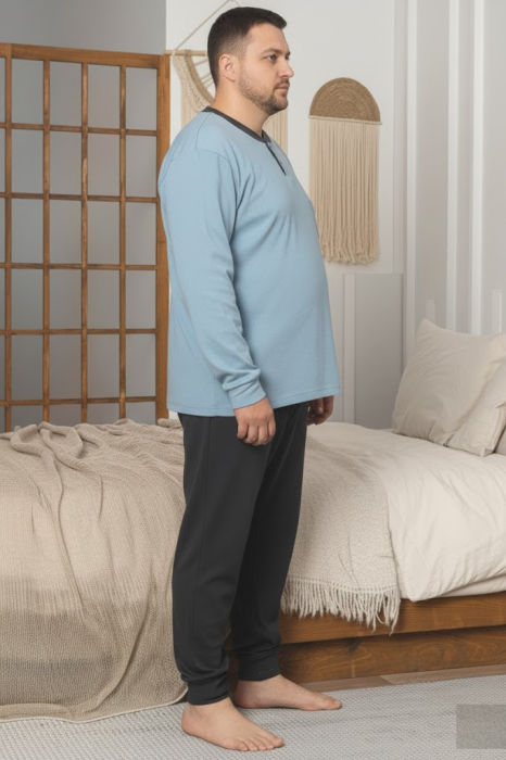 Pijama lunga bumbac interlock pentru barbati, marime mare, bleu/negru 3005 [2]
