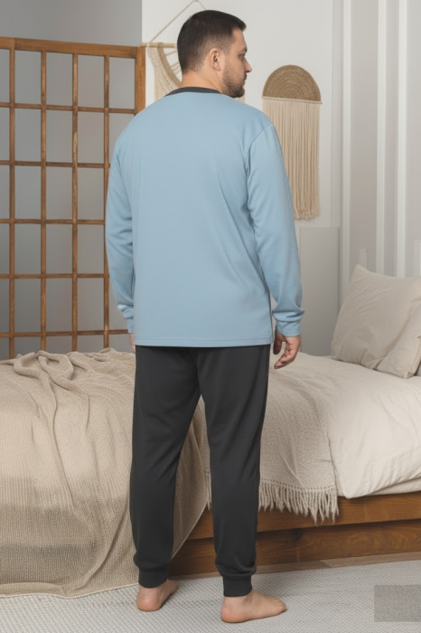 Pijama lunga bumbac interlock pentru barbati, marime mare, bleu/negru 3005 [3]