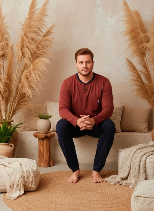 Pijama lunga bumbac interlock pentru barbati, marime mare, caramiziu 3009 [2]