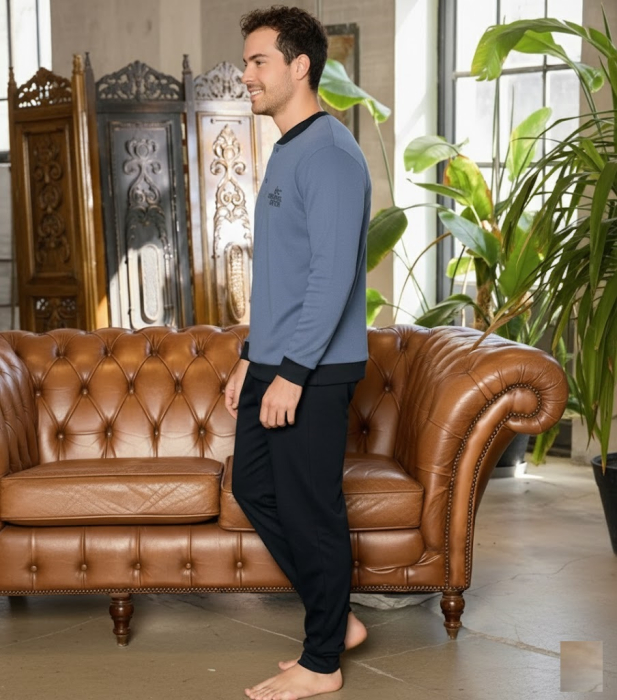 Pijama lunga bumbac interlock pentru barbati, negru/bleumarin 5893 [2]