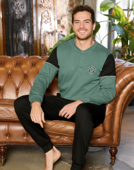 Pijama lunga bumbac interlock pentru barbati, negru/verde 5907 [1]