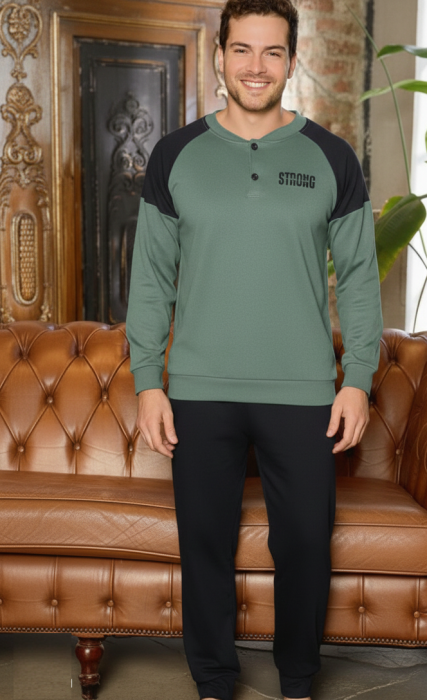 Pijama lunga bumbac interlock pentru barbati, negru/verde 5900 [2]