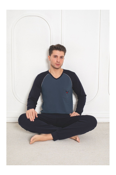 Pijama lunga bumbac lycra pentru barbati, bleumarin 906 [2]