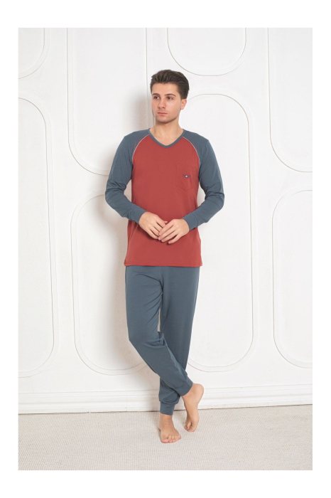 Pijama lunga bumbac lycra pentru barbati, bleumarin/caramiziu 907 [3]