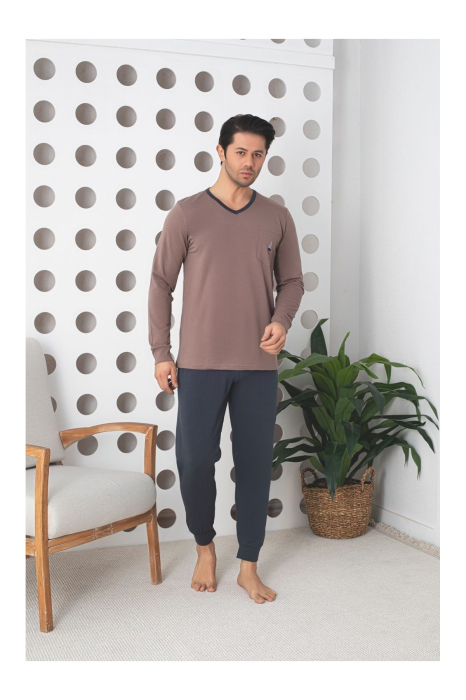 Pijama lunga bumbac lycra pentru barbati, gri/bej 902 [3]