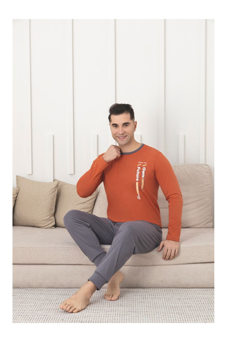 Pijama lunga bumbac pentru barbati, gri portocaliu 1205 [2]