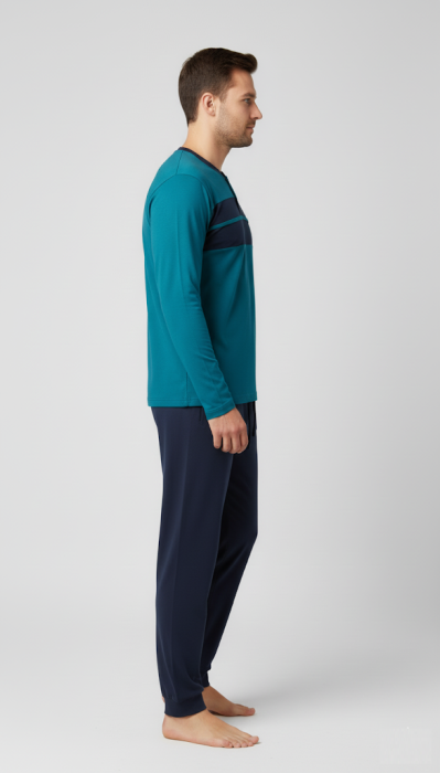 Pijama lunga bumbac pentru barbati, bluza turcoaz, pantaloni negru [2]
