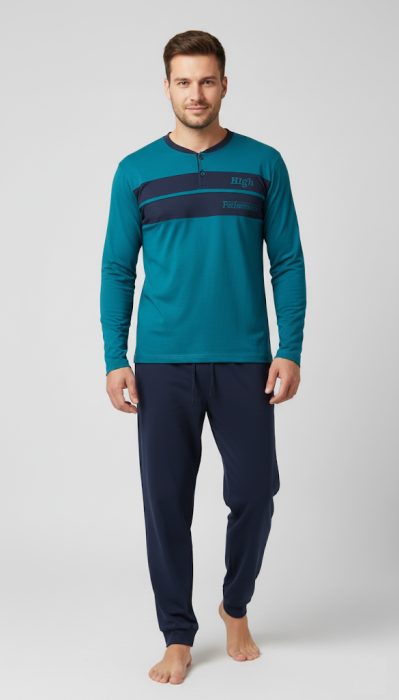 Pijama lunga bumbac pentru barbati, bluza turcoaz, pantaloni negru [1]
