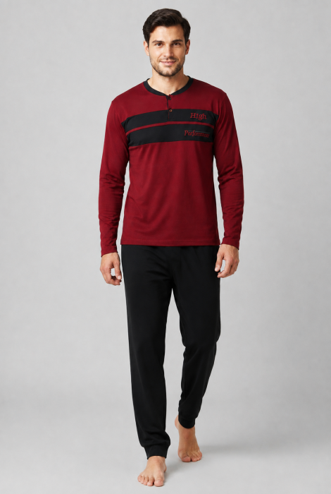 Pijama bumbac Barbati Bordo cu Pantaloni Negri, Bluza cu Maneca Lunga [5]