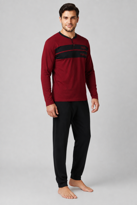 Pijama bumbac Barbati Bordo cu Pantaloni Negri, Bluza cu Maneca Lunga [3]