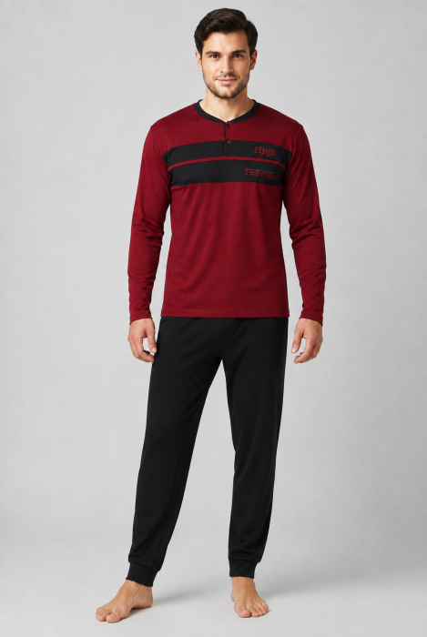 Pijama bumbac Barbati Bordo cu Pantaloni Negri, Bluza cu Maneca Lunga [6]