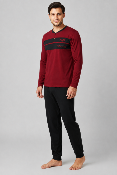 Pijama bumbac Barbati Bordo cu Pantaloni Negri, Bluza cu Maneca Lunga [2]