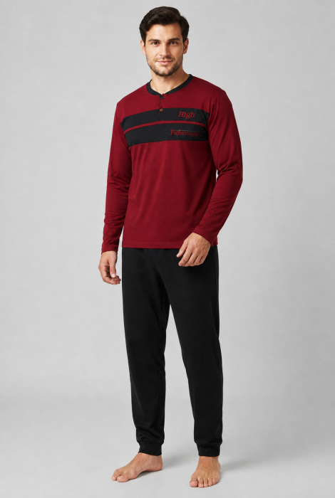Pijama bumbac Barbati Bordo cu Pantaloni Negri, Bluza cu Maneca Lunga [4]