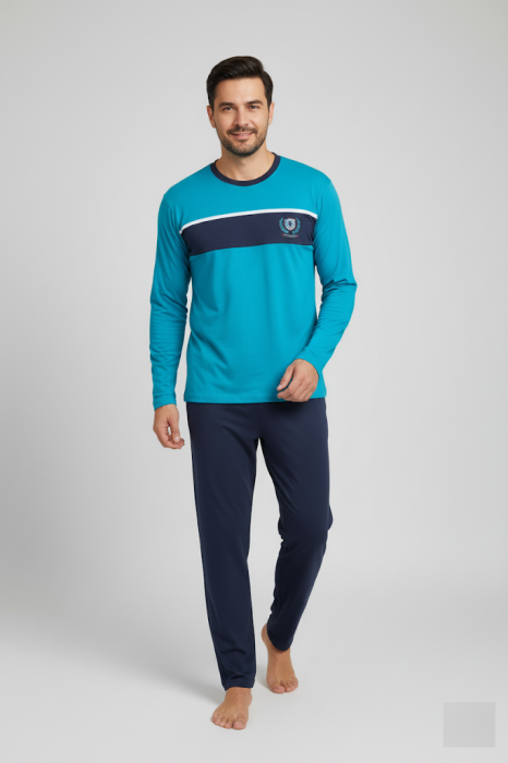 Pijama lunga bumbac pentru barbati, bluza albastru, pantaloni negru [1]