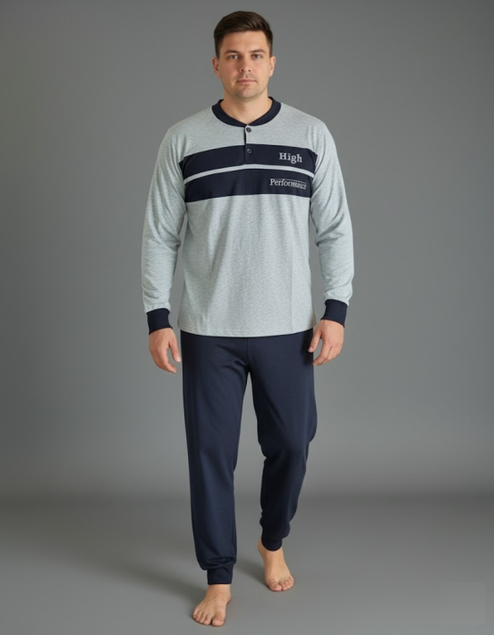 Pijama lunga bumbac pentru barbati, bluza gri, pantalon negru [1]