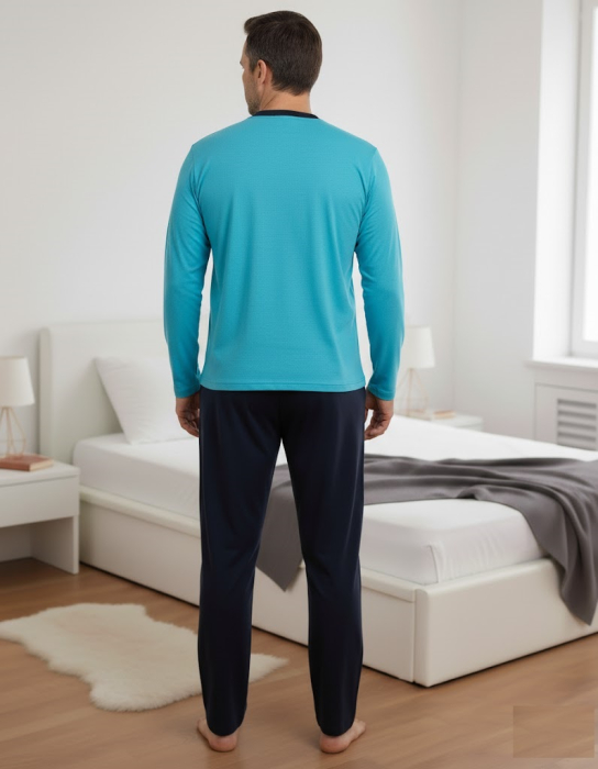 Pijama lunga bumbac pentru barbati, bluza bleu, pantalon negru [2]