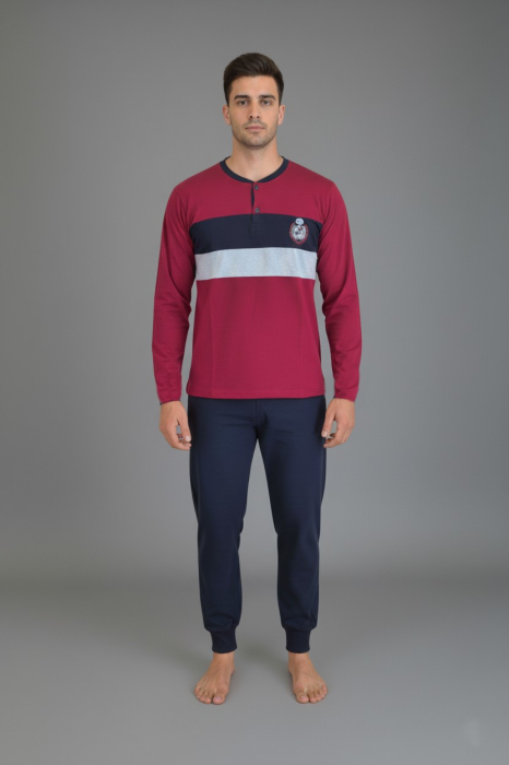 Pijama lunga bumbac pentru barbati, bluza visiniu, pantaloni negru [1]