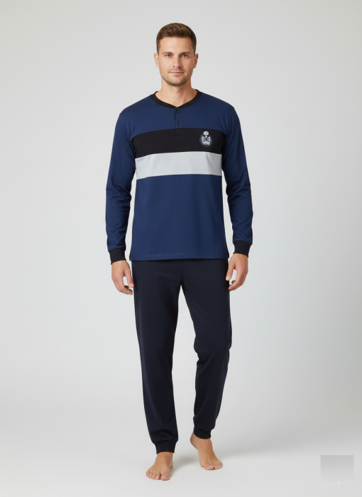Pijama lunga bumbac pentru barbati, bluza bleumarin, pantaloni negru [1]