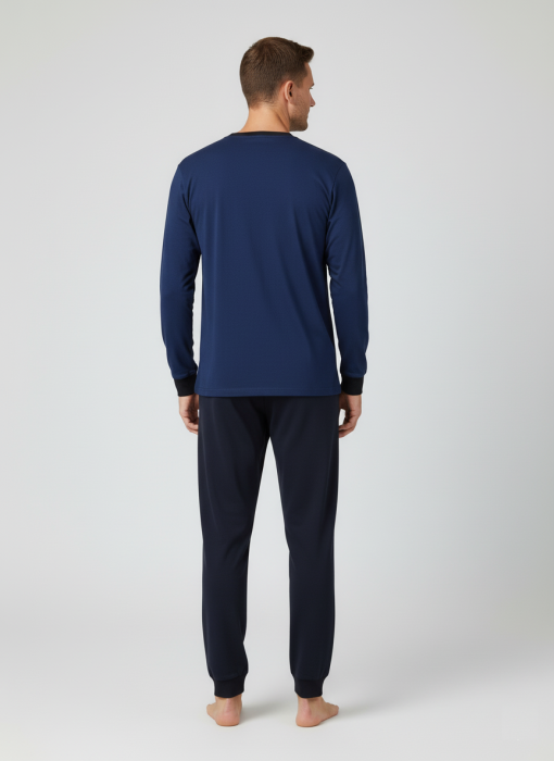 Pijama lunga bumbac pentru barbati, bluza bleumarin, pantaloni negru [2]
