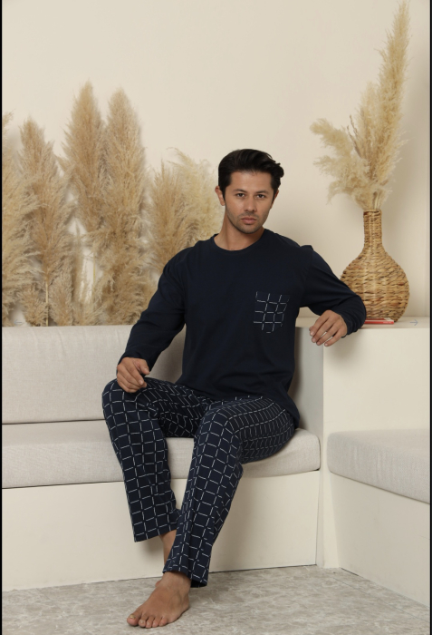 Pijama lunga bumbac pentru barbati cu buzunare la pantaloni bleumarin inchis 70077 [2]