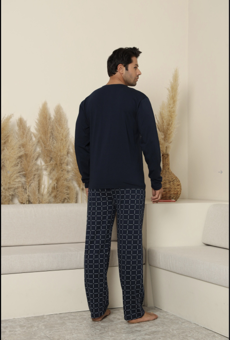 Pijama lunga bumbac pentru barbati cu buzunare la pantaloni bleumarin inchis 70077 [3]