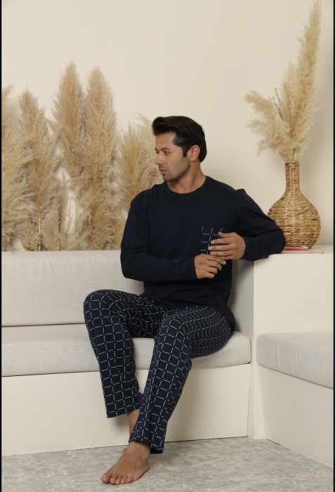Pijama lunga bumbac pentru barbati cu buzunare la pantaloni bleumarin inchis 70077 [4]