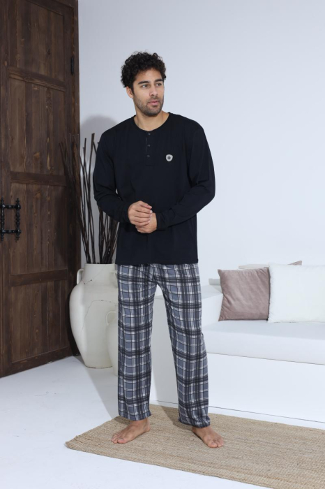 Pijama lunga bumbac pentru barbati cu buzunare la pantaloni, negru 70021 [4]
