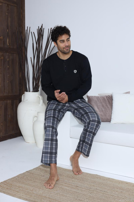 Pijama lunga bumbac pentru barbati cu buzunare la pantaloni, negru 70021 [1]