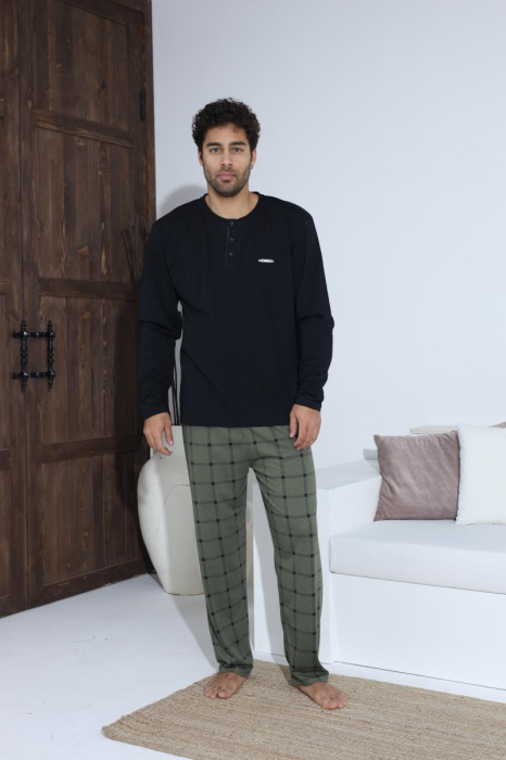 Pijama lunga bumbac pentru barbati cu buzunare la pantaloni negru/kaki 70017 [1]
