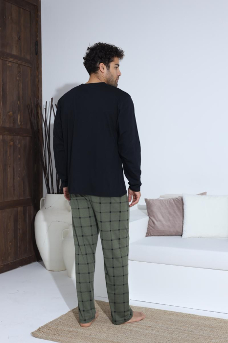 Pijama lunga bumbac pentru barbati cu buzunare la pantaloni negru/kaki 70017 [2]