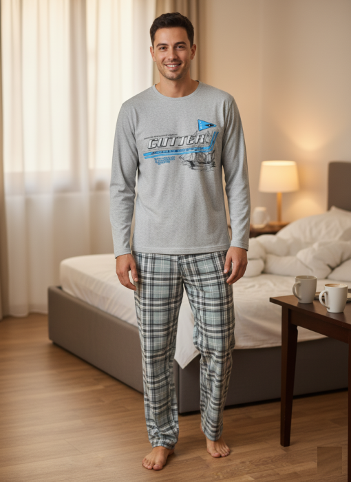Pijama lunga bumbac pentru barbati gri deschis 15694 [1]