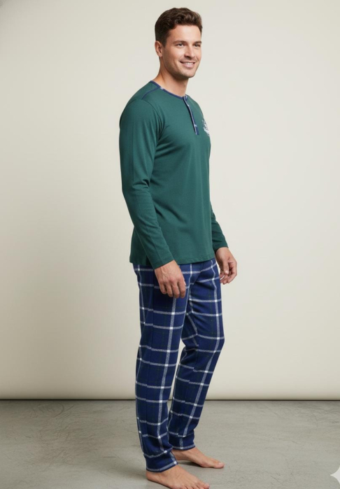 Pijama lunga bumbac fin si calitativ, buzunare la pantaloni 203 verde/albastru [2]