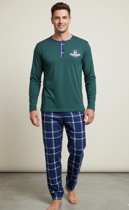 Pijama lunga bumbac fin si calitativ, buzunare la pantaloni 203 verde/albastru [1]