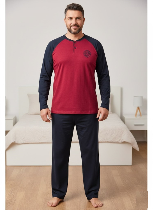 Pijama lunga bumbac pentru barbati, marime mare, visiniu/negru [1]