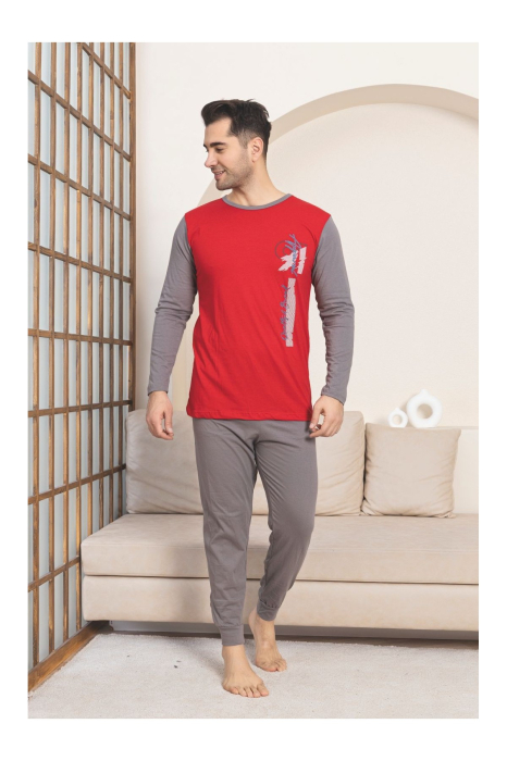 Pijama lunga bumbac pentru barbati, gri/visiniu 1208 [3]