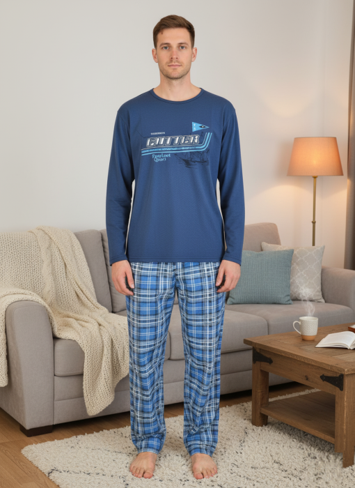 Pijama lunga bumbac pentru barbati albastru 15694 [1]