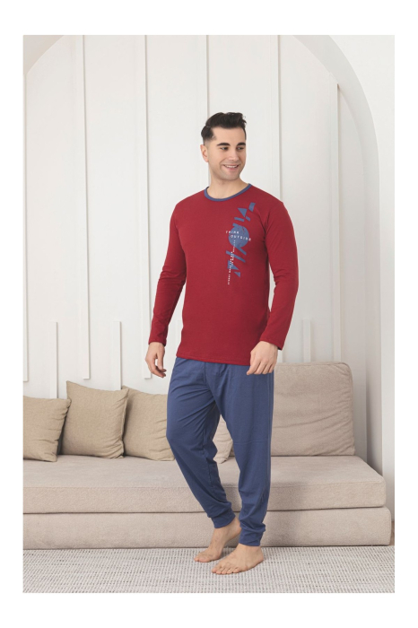 Pijama lunga bumbac pentru barbati, bleumarin/visiniu 1206 [3]