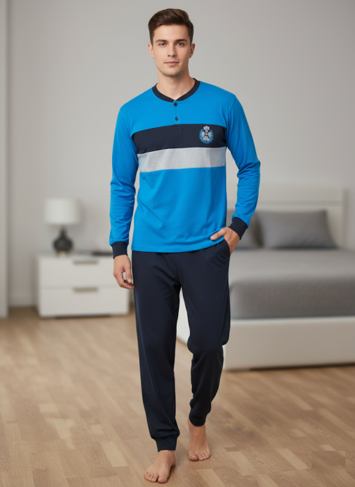 Pijama lunga bumbac pentru barbati, albastru cu dungi negru gri [1]