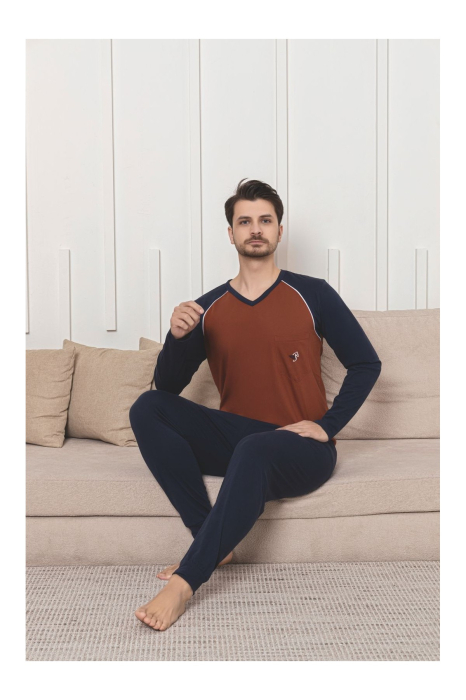 Pijama lunga bumbac penye pentru barbati, bleumarin/maro 1054 [2]