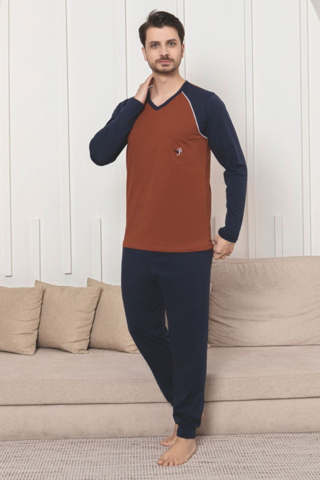 Pijama lunga bumbac penye pentru barbati, bleumarin/maro 1054 [1]