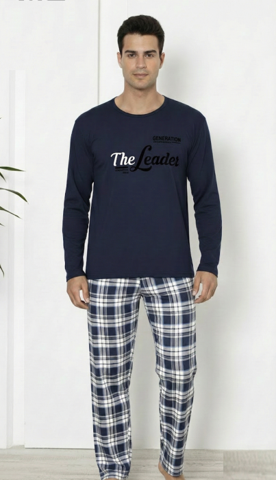 Pijama lunga bumbac vatuit pentru barbati, bleumarin inchis The Leader 16403 [6]