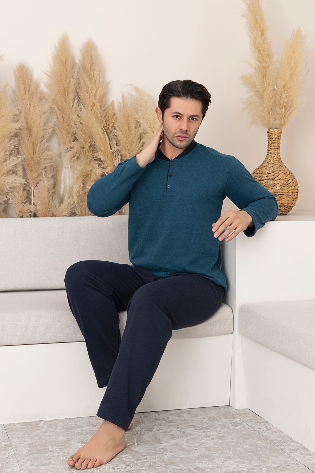 Pijama lunga bumbac vatuit pentru barbati, marimi mari turcoaz P605-221 [3]