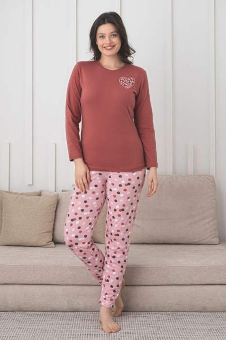 Pijama de bumbac Dama Confortabila, Set cu Bluza si Pantaloni lungi, maro 1004 [1]