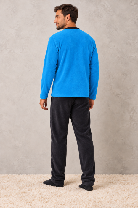 Pijama Barbati Polar Pufoasa si Calduroasa de Iarna, Bluza Albastra si Pantaloni Gri Inchis [2]