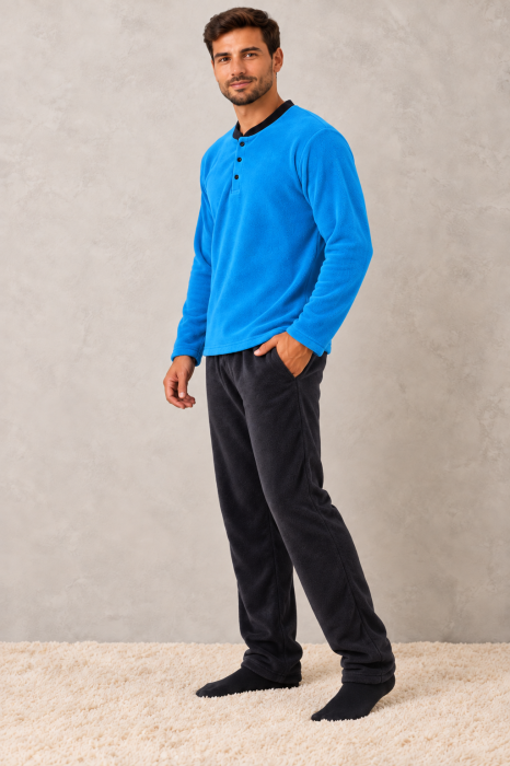 Pijama Barbati Polar Pufoasa si Calduroasa de Iarna, Bluza Albastra si Pantaloni Gri Inchis [3]