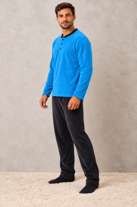 Pijama Barbati Polar Pufoasa si Calduroasa de Iarna, Bluza Albastra si Pantaloni Gri Inchis [4]